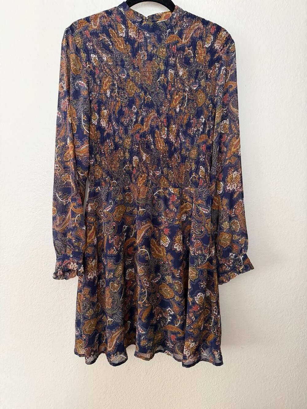 Sun & Shadow Blue Paisley Long Sleeve Smocked Chiffon Mini Dress